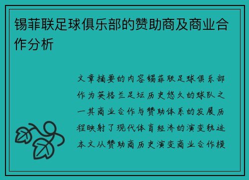锡菲联足球俱乐部的赞助商及商业合作分析