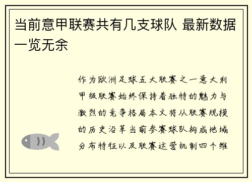 当前意甲联赛共有几支球队 最新数据一览无余
